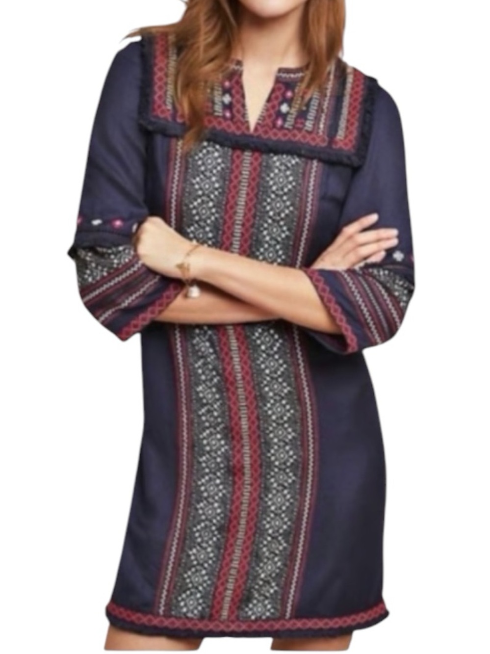 Akemi + Kin Anthropologie Embroidered Boho Shift Dress Navy Fringe Size 6